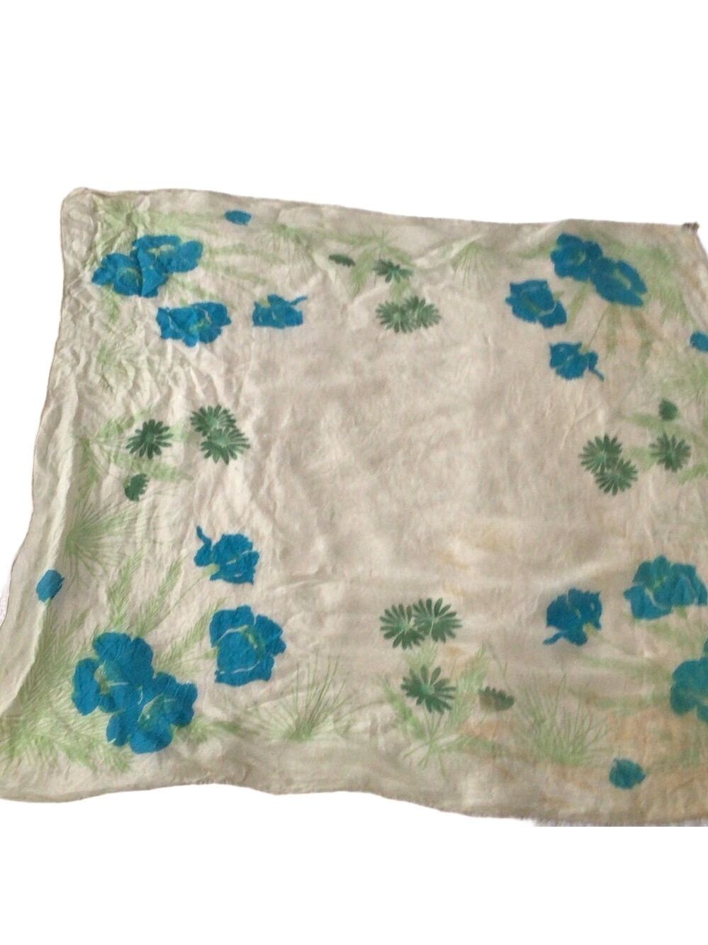 Vera Vintage Hand Rolled Floral Scarf Japan 30x30 Blue Cream Silk